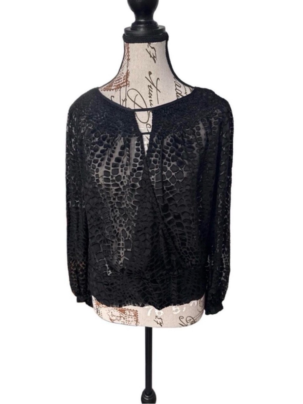 BCBGmaxazria Sheer Black Textured Long-Sleeve Top with button detail, size XS